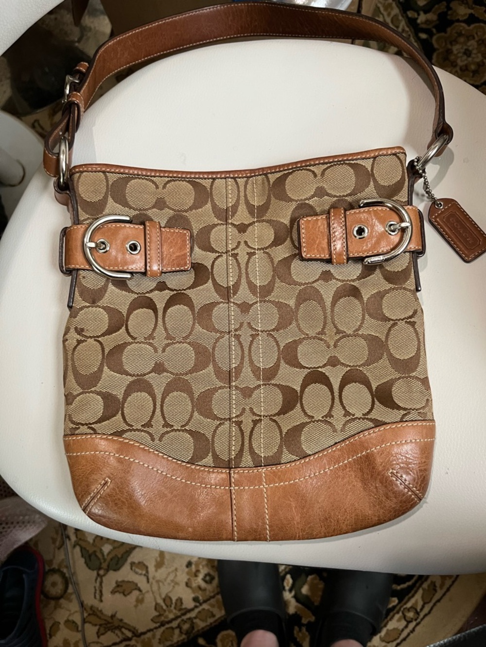 Coach Brown Signature Canvas Shoulder Bag with Tan Leather Trim